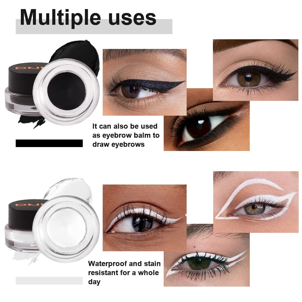 evpct 2 in 1 White & Black Gel Eye Liner Waterproof Smudge Proof for Waterline White Liquid Eyeliner Pen Pencil Cream Eyebrow Pomade Set with Brushes Work Great with Eyeliner Face Body Paint Stick