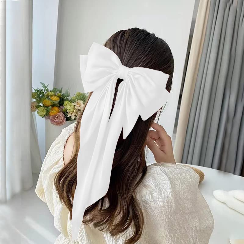 Large Hair Bow Clips for Women Girls Silky Satin Hair Barrettes with Long Ribbon Tail White Hair Bows Slides Wedding Hair Accessories for Women Girls