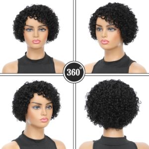 MOWCAW Short Curly Human Hair Wigs for Black Women 8 Inch Short Curly Wig Brazilian Deep Wave Side Part Pixie Cut Glueless Wigs Afro Kinky Bob Wig （Black