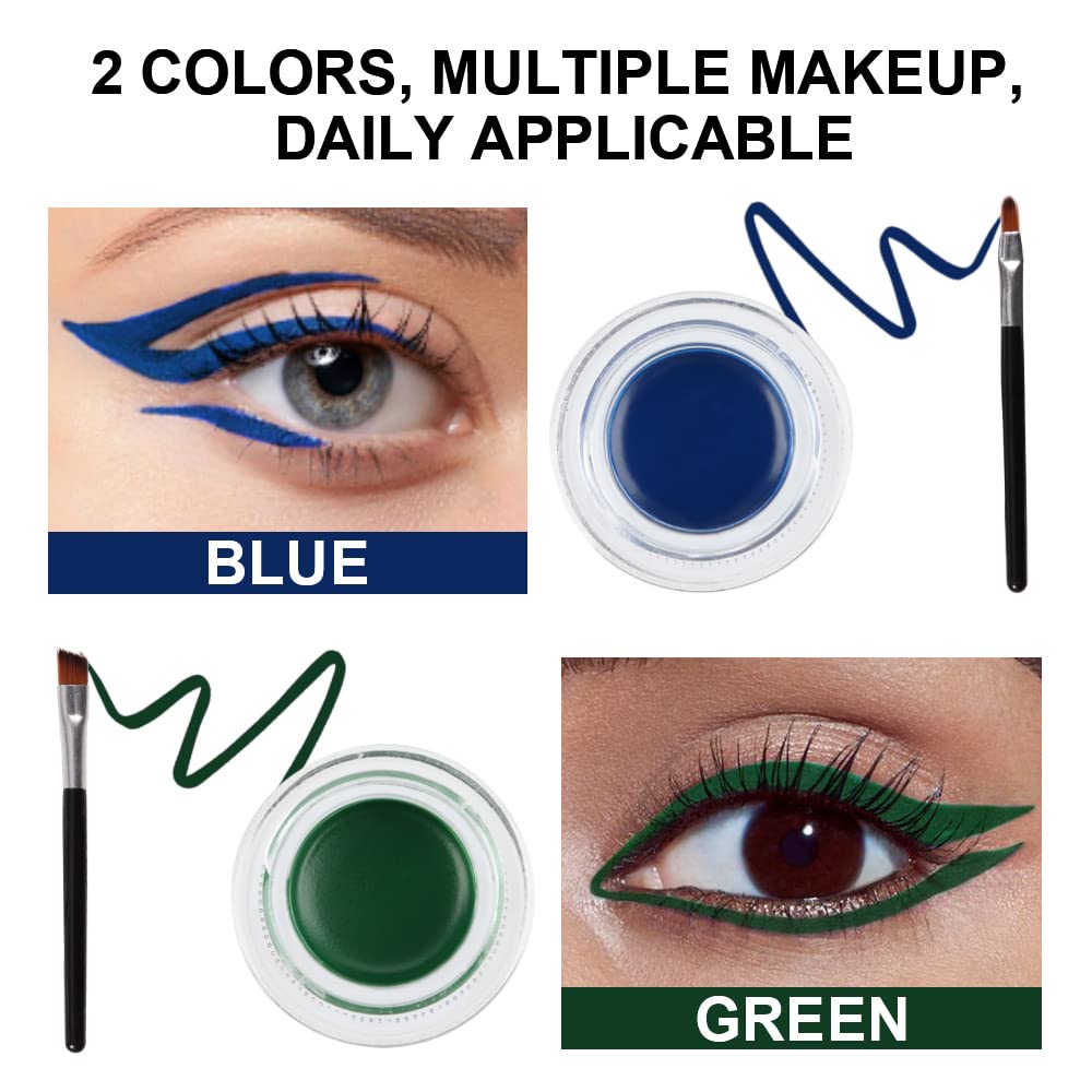 evpct Blue & Green Gel Eyeliner Waterproof Smudge Proof for Waterline Eyebrow Cream Pomade Set with Brushes, Long Wear