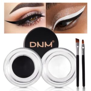 evpct 2 in 1 White & Black Gel Eye Liner Waterproof Smudge Proof for Waterline White Liquid Eyeliner Pen Pencil Cream Eyebrow Pomade Set with Brushes Work Great with Eyeliner Face Body Paint Stick