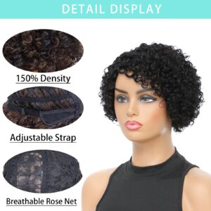 MOWCAW Short Curly Human Hair Wigs for Black Women 8 Inch Short Curly Wig Brazilian Deep Wave Side Part Pixie Cut Glueless Wigs Afro Kinky Bob Wig （Black