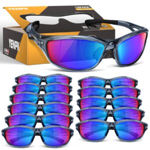 yenpk 12 pack safety glasses for men women, safety goggles/sunglasses ansi z87.1+ standard uv400, wrap around eye protection, scratch impact resistant protective eyewear(multicolor lens, grey frame)