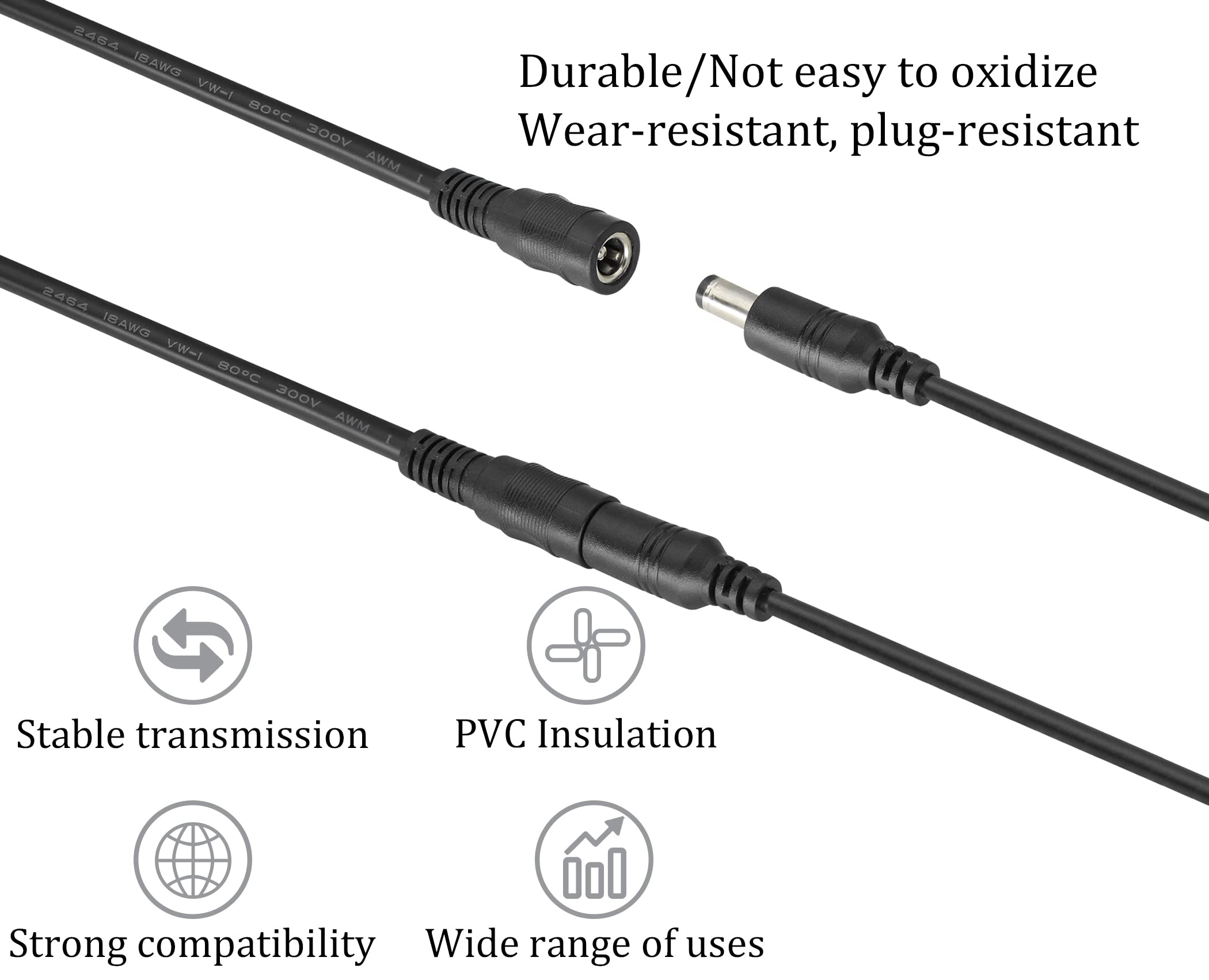 HCFeng DC Power Y Splitter Cable,DC 5.5mm x 2.1mm 1 Female to 2 Male Power Cord 18AWG 12v DC Extension Cord Cable for CCTV Security Camera, DVR, HDVD, LED Strip Light(2pack/1.6ft)