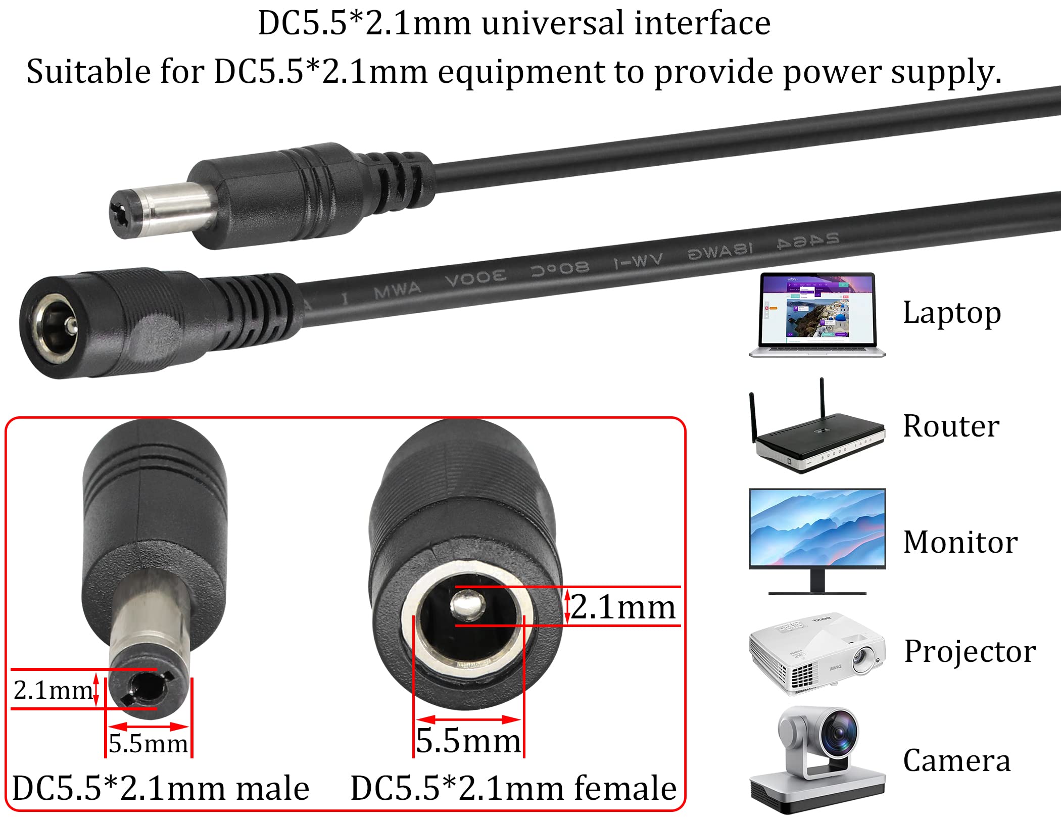 HCFeng DC Power Y Splitter Cable,DC 5.5mm x 2.1mm 1 Female to 2 Male Power Cord 18AWG 12v DC Extension Cord Cable for CCTV Security Camera, DVR, HDVD, LED Strip Light(2pack/1.6ft)