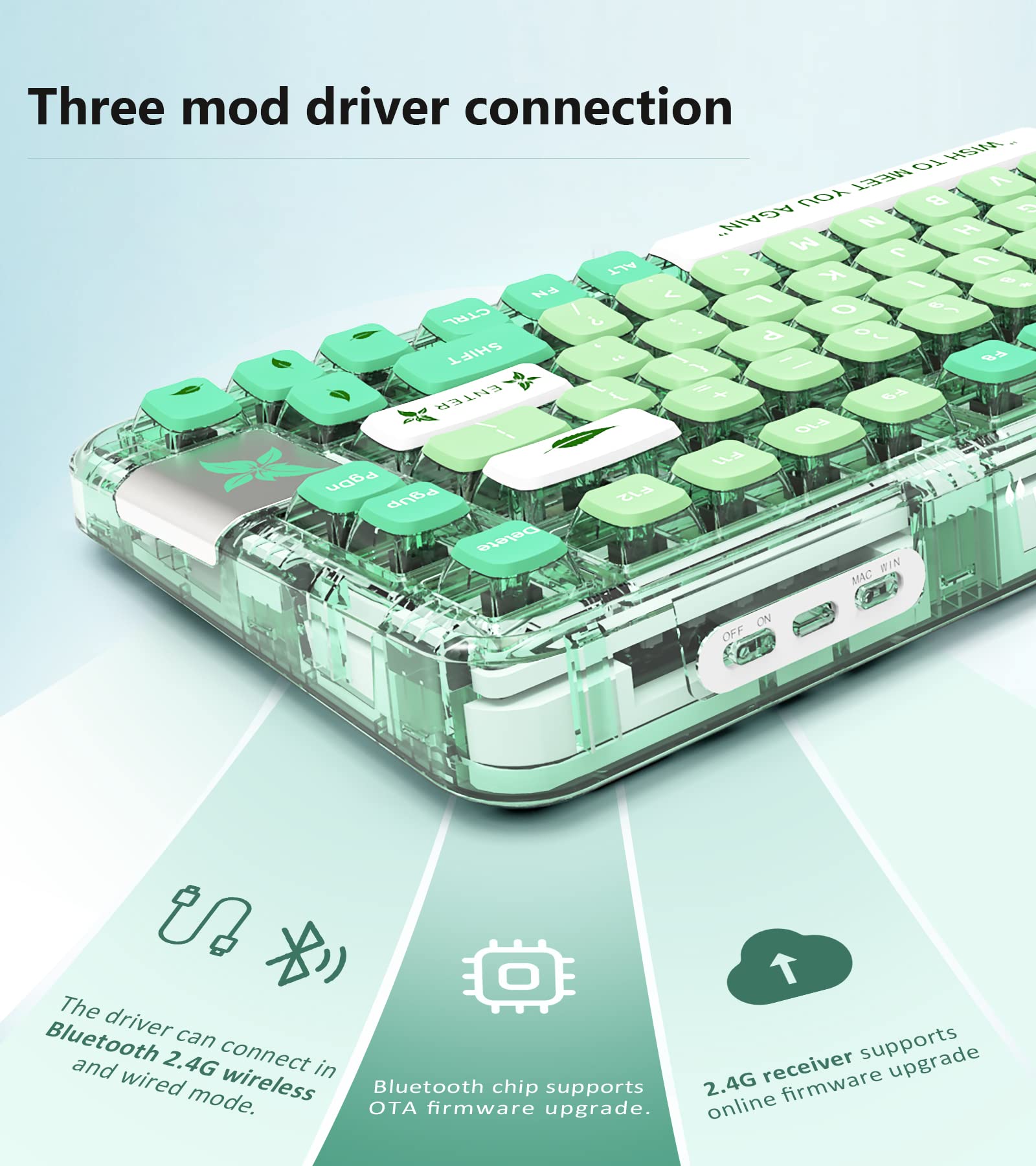 GK GAMAKAY GK75 75% RGB Transparent Gasket Mechanical Keyboard, Bluetooth/USB-C/2.4GHz 80 Keys Hot Swap Gateron Yellow Switch 2.0 KSA Profile PBT Keycaps Gaming Keyboard (Mint Green)