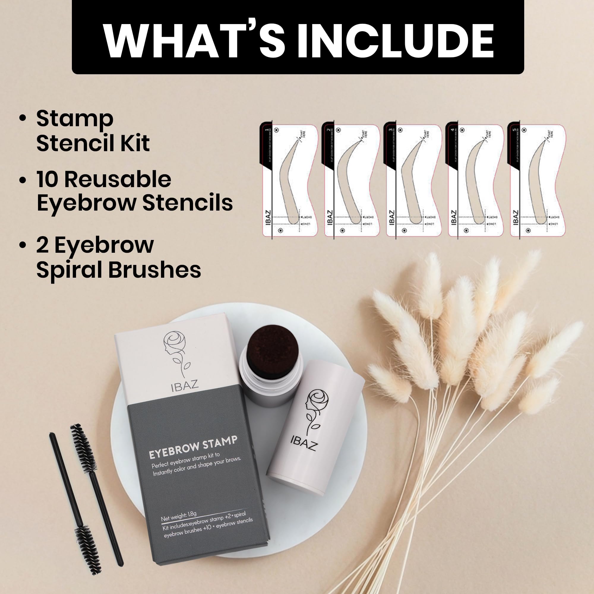 IBAZ Eyebrow Stamp Stencil Kit with 10 Reusable Eyebrow Stencils and 2 Eyebrow Spiral Brushes, Professional One Step Brow Stamp Shaping Styling Kit Long-Lasting Easy to Use, Waterproof (Medium Brown)