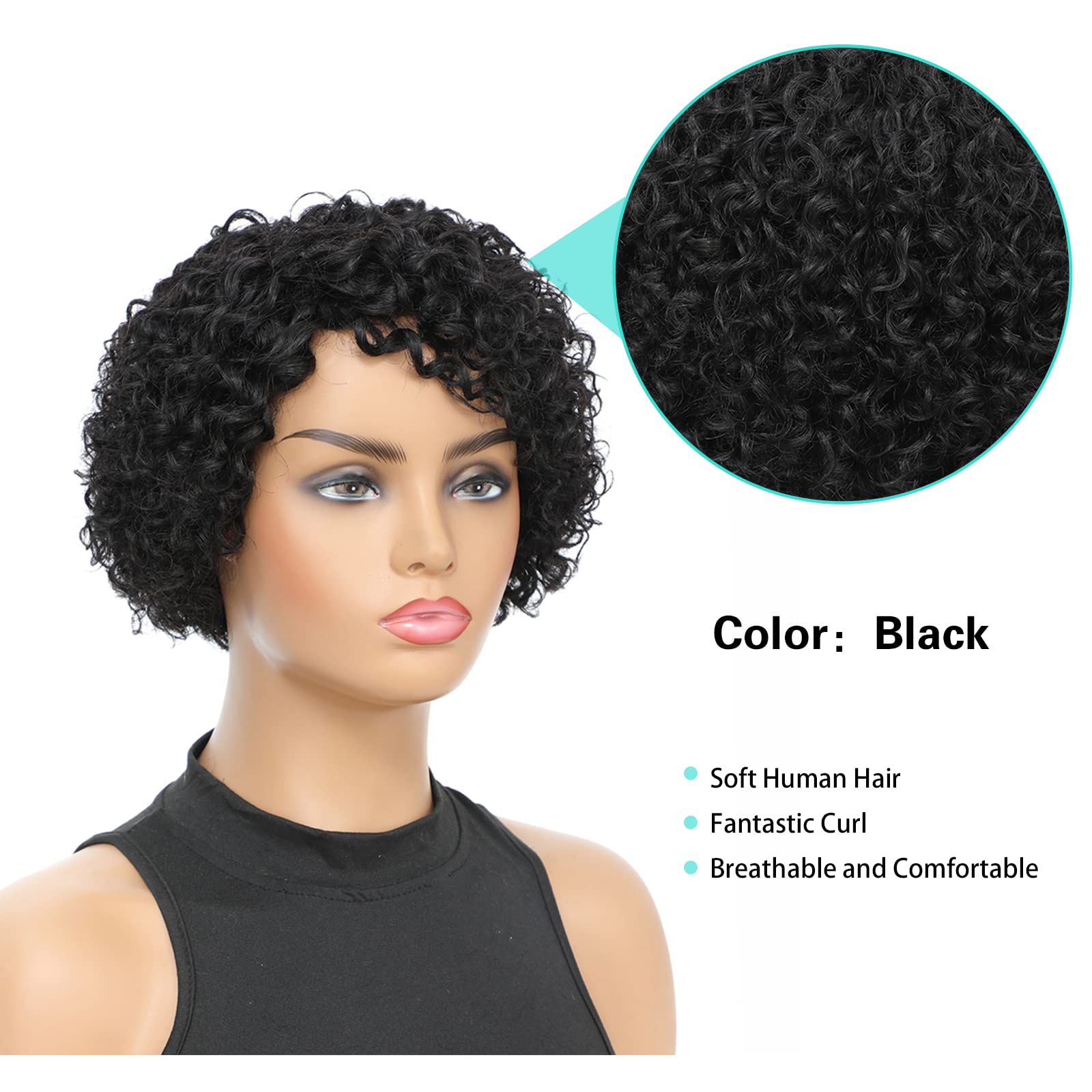 MOWCAW Short Curly Human Hair Wigs for Black Women 8 Inch Short Curly Wig Brazilian Deep Wave Side Part Pixie Cut Glueless Wigs Afro Kinky Bob Wig （Black