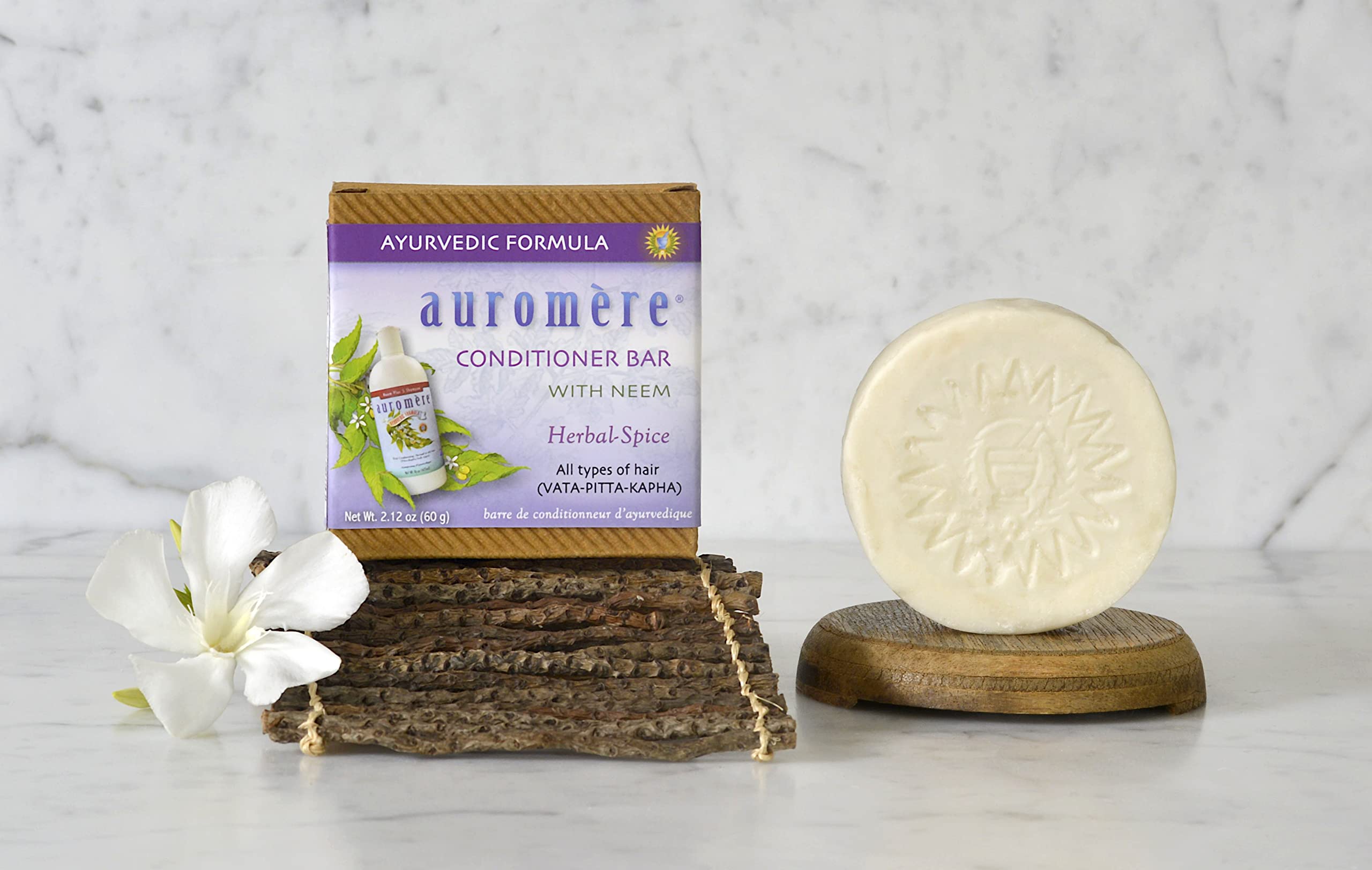 Auromere Ayurvedic Conditioner Bar for All Hair Types – Vegan, Non-GMO, Deep Moisturizing, Nourishing Herbal Formula with Neem, Zero Waste, Recyclable packaging (2.12oz solid bar), 1 Pack