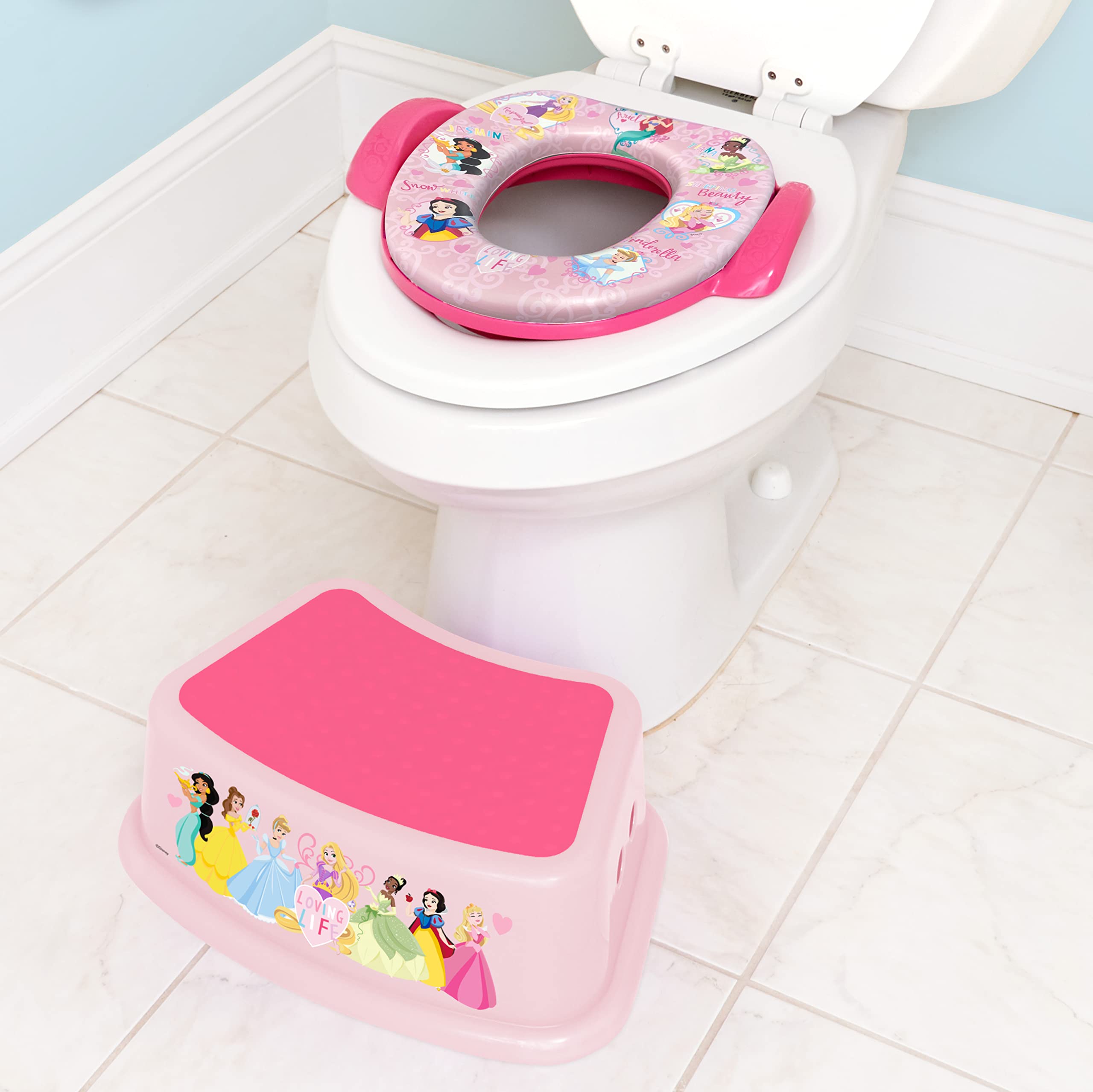 Disney Princess "Loving Life" 2 Piece Essential Potty Training Set - Soft Cushion, Baby Potty Training, Safe, Easy to Clean, Step Stool