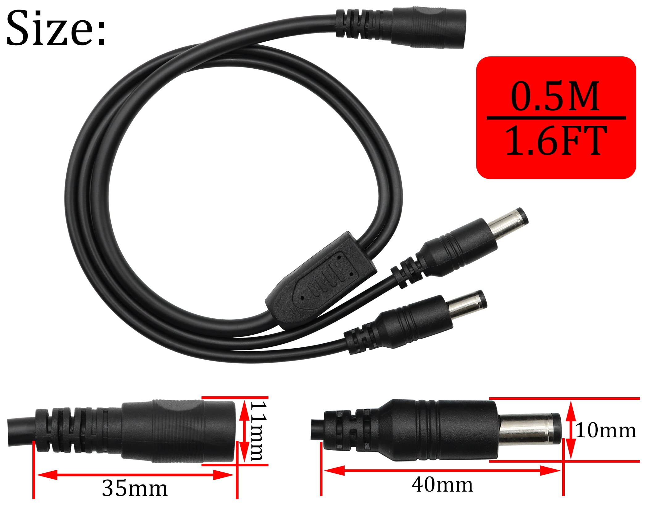 HCFeng DC Power Y Splitter Cable,DC 5.5mm x 2.1mm 1 Female to 2 Male Power Cord 18AWG 12v DC Extension Cord Cable for CCTV Security Camera, DVR, HDVD, LED Strip Light(2pack/1.6ft)