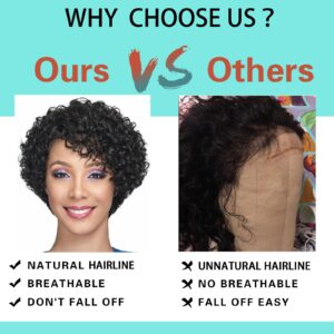 MOWCAW Short Curly Human Hair Wigs for Black Women 8 Inch Short Curly Wig Brazilian Deep Wave Side Part Pixie Cut Glueless Wigs Afro Kinky Bob Wig （Black