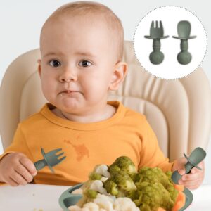 Mutualproducts 10 Pcs Baby Utensils – Silicone Baby Spoons and Forks for Self Feeding – Suction Plate - Anti-Choke Baby Feeding Supplies – Baby Led Weaning Set with Bibs – Great Gift Set (Green)