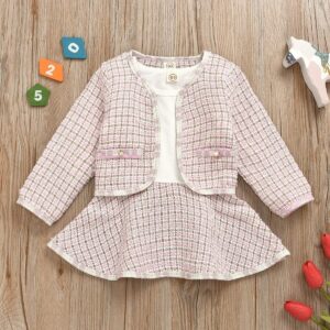 BOIZONTY Toddler Kids Baby Girls Plaid Skirt Set Cardigan Jacket Coat + Tutu Dress Set Long Sleeve Outfits Fall Outfit Set (Pink,3-4T)