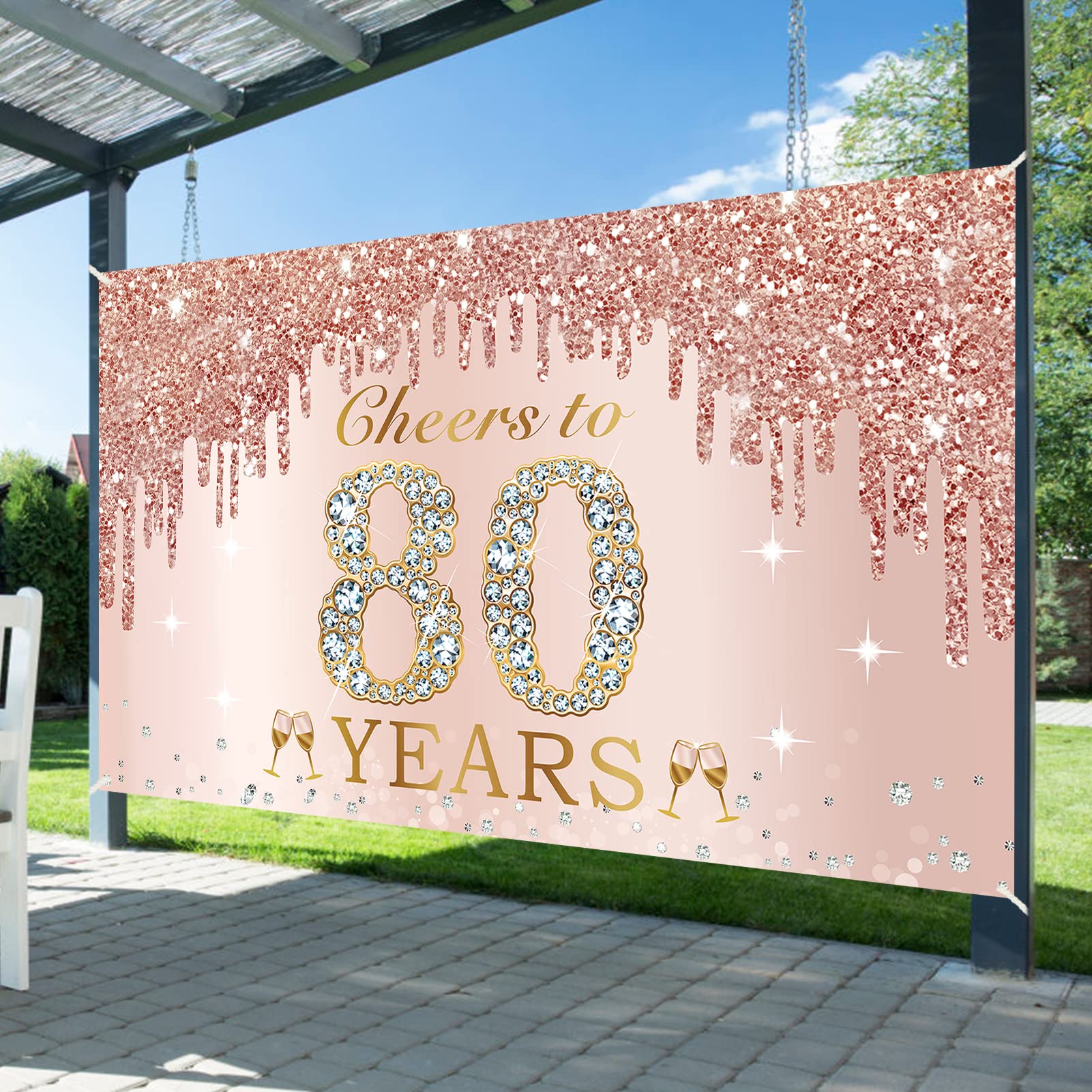 Large Cheers to 80 Years Birthday Decorations for Women, Pink Rose Gold Happy 80th Birthday Banner Backdrop Party Supplies, Eighty Birthday Poster Background Sign Decor