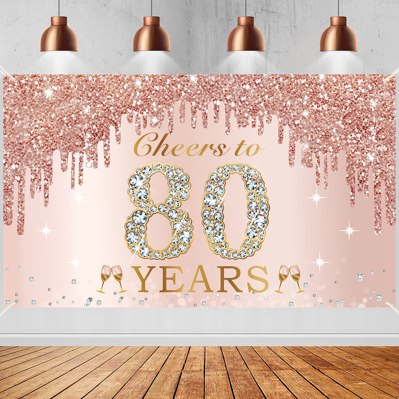 Large Cheers to 80 Years Birthday Decorations for Women, Pink Rose Gold Happy 80th Birthday Banner Backdrop Party Supplies, Eighty Birthday Poster Background Sign Decor