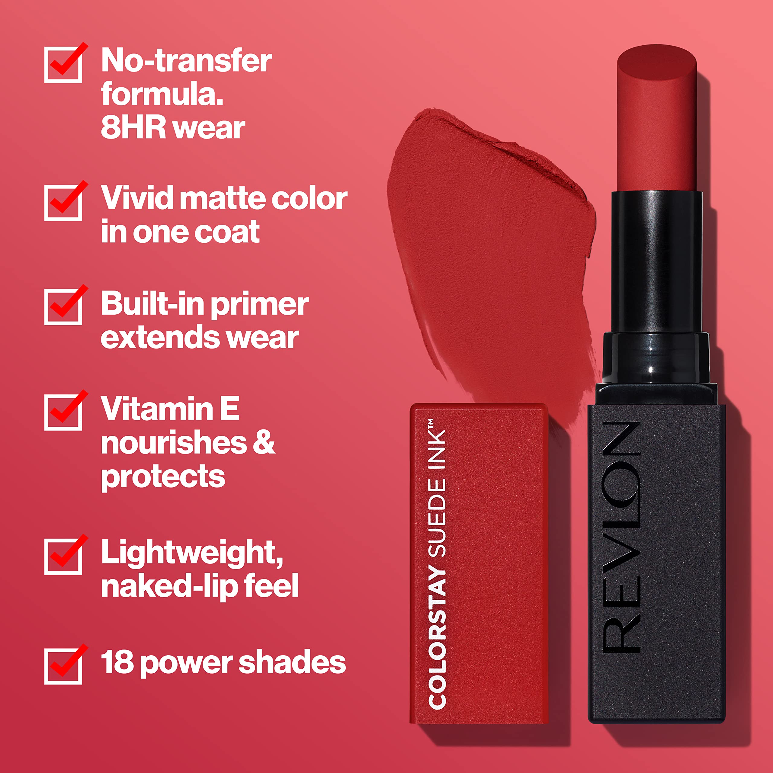 REVLON Lipstick, ColorStay Suede Ink, Built-in Primer, Infused with Vitamin E, Waterproof, Smudge-proof, Matte Color, 014 Spit Fire, 0.09 oz.