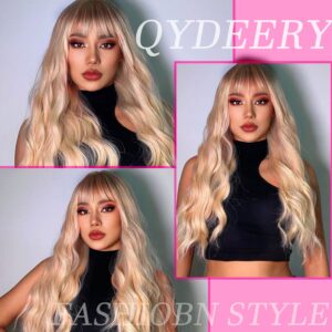 QYDEERY Ombre Blonde Wig with Bangs for Women 613 Synthetic Curly Wigs Long Blonde Wavy Wigs for Cosplay 26 Inch