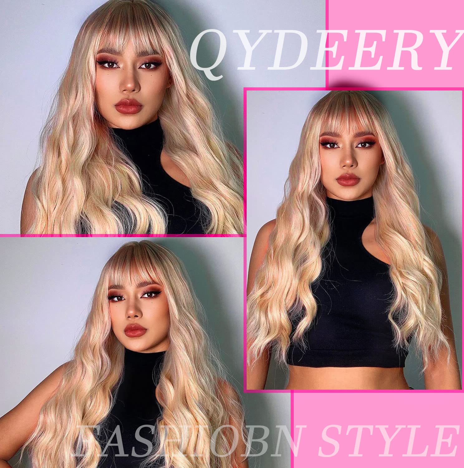 QYDEERY Ombre Blonde Wig with Bangs for Women 613 Synthetic Curly Wigs Long Blonde Wavy Wigs for Cosplay 26 Inch