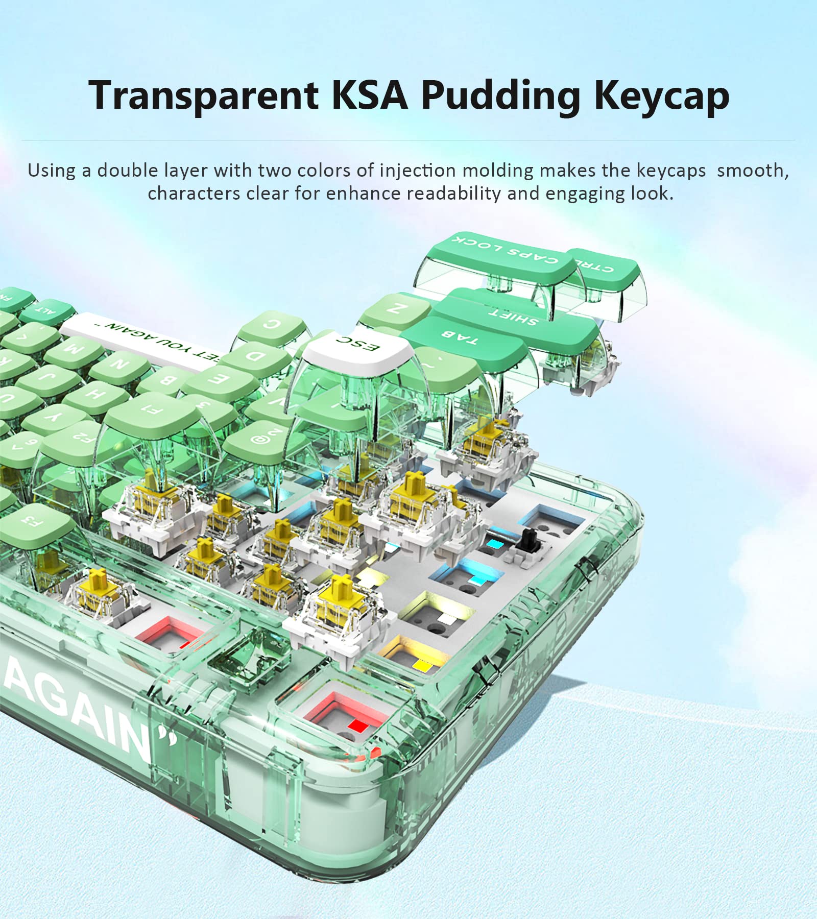 GK GAMAKAY GK75 75% RGB Transparent Gasket Mechanical Keyboard, Bluetooth/USB-C/2.4GHz 80 Keys Hot Swap Gateron Yellow Switch 2.0 KSA Profile PBT Keycaps Gaming Keyboard (Mint Green)