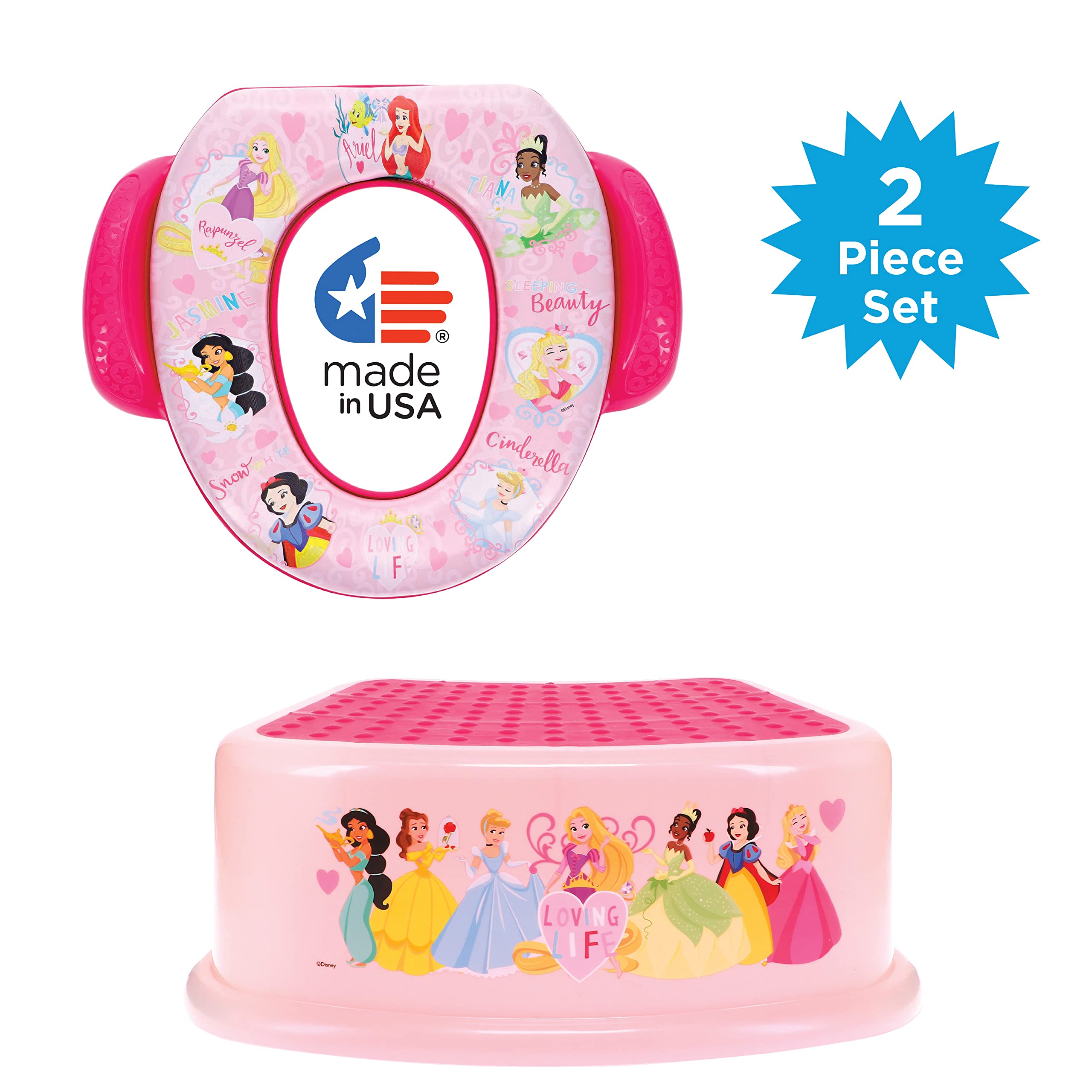 Disney Princess "Loving Life" 2 Piece Essential Potty Training Set - Soft Cushion, Baby Potty Training, Safe, Easy to Clean, Step Stool