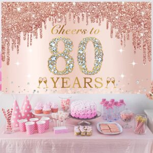 Large Cheers to 80 Years Birthday Decorations for Women, Pink Rose Gold Happy 80th Birthday Banner Backdrop Party Supplies, Eighty Birthday Poster Background Sign Decor