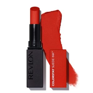 revlon lipstick, colorstay suede ink, built-in primer, infused with vitamin e, waterproof, smudge-proof, matte color, 014 spit fire, 0.09 oz.