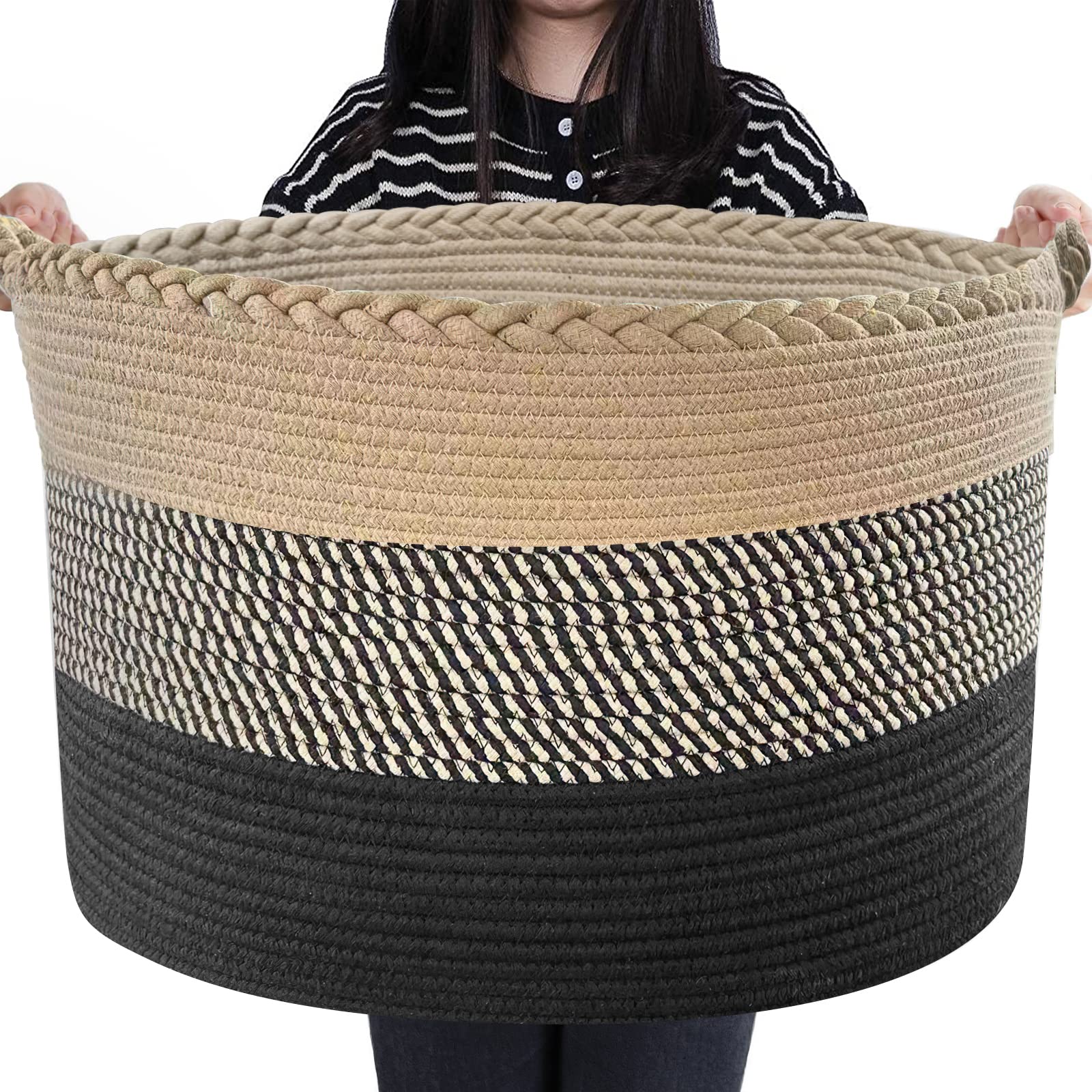 Large Woven Cotton Rope Basket - 22" x22"x 14", Baby Laundry Basket, Blanket Basket, Storage Baskets, Home Organizing Bins and Nursery Decor with Handle for Blankets, Toys, Clothes