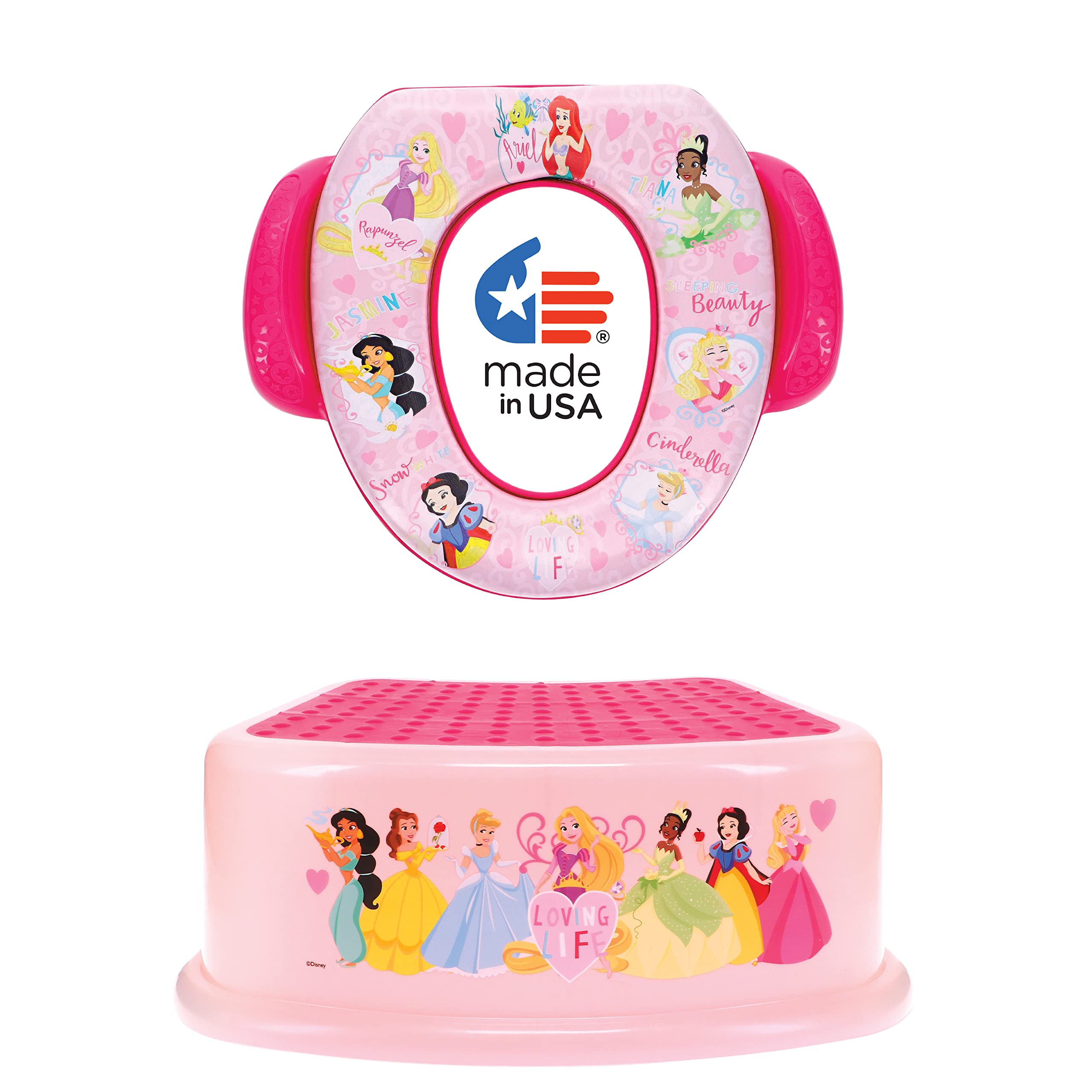 Disney Princess "Loving Life" 2 Piece Essential Potty Training Set - Soft Cushion, Baby Potty Training, Safe, Easy to Clean, Step Stool