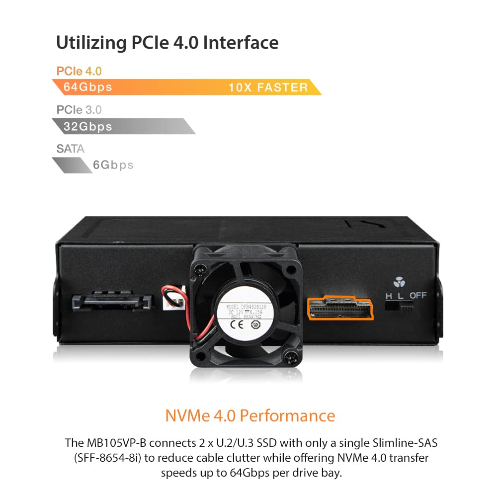 ICY DOCK 2 Bay U.2/U.3 NVMe SSD PCIe 4.0 Enclosure for 5.25” Bay | ToughArmor MB105VP-B