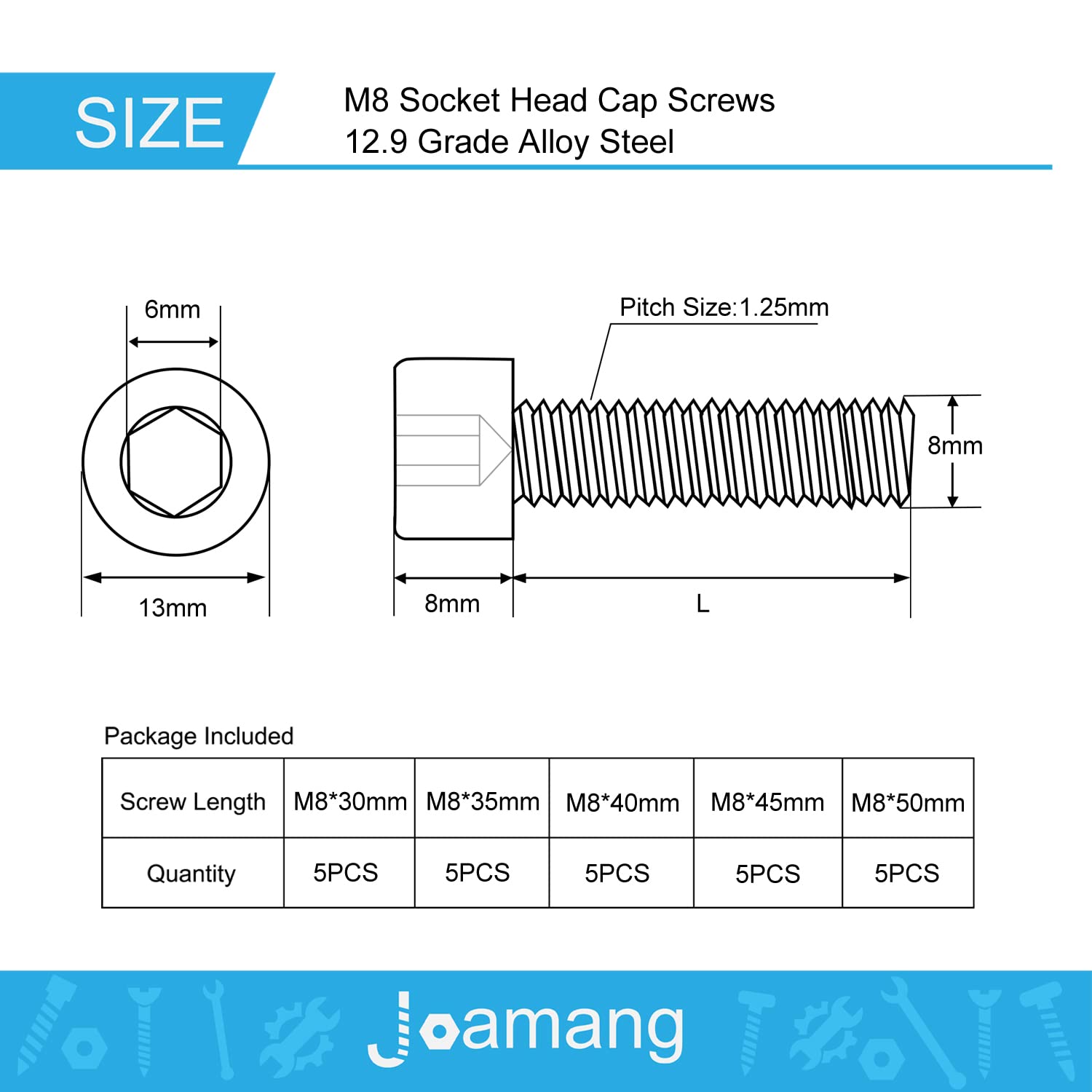 Joamang M8 x 30mm 35mm 40mm 45mm 50mm Hex Socket Head Cap Screws Bolts, 12.9 Grade Alloy Steel, Black Oxide Finish, Metric Allen Hex Drive, Fully Threaded, Assortment Kit 25Pcs