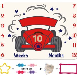 VIDMOT Racing Car Baby Monthly Milestone Blanket 48x40in Cute Baby Month Blanket Soft Plush Months Quilt for Nursery Decor Newborn Bedding BTLSVV16