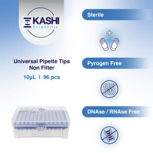 Kashi Scientific 10 uL Universal Racked Laboratory Pipette Tips, Sterile Dnase/Rnase Free, Pyrogen Safe [10ul, Non-Filtered, 96 Tips]