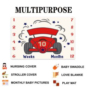 VIDMOT Racing Car Baby Monthly Milestone Blanket 48x40in Cute Baby Month Blanket Soft Plush Months Quilt for Nursery Decor Newborn Bedding BTLSVV16