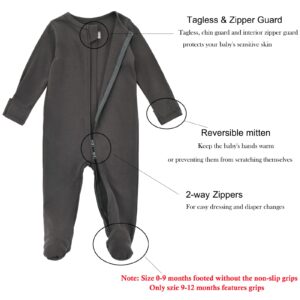 Aablexema Baby Pajamas with Feet and Mittens 2-Pack Zip Up Infant Cotton Long Sleeve Footies Sleep and Play(Light Grey & Black Grey,0-3m)