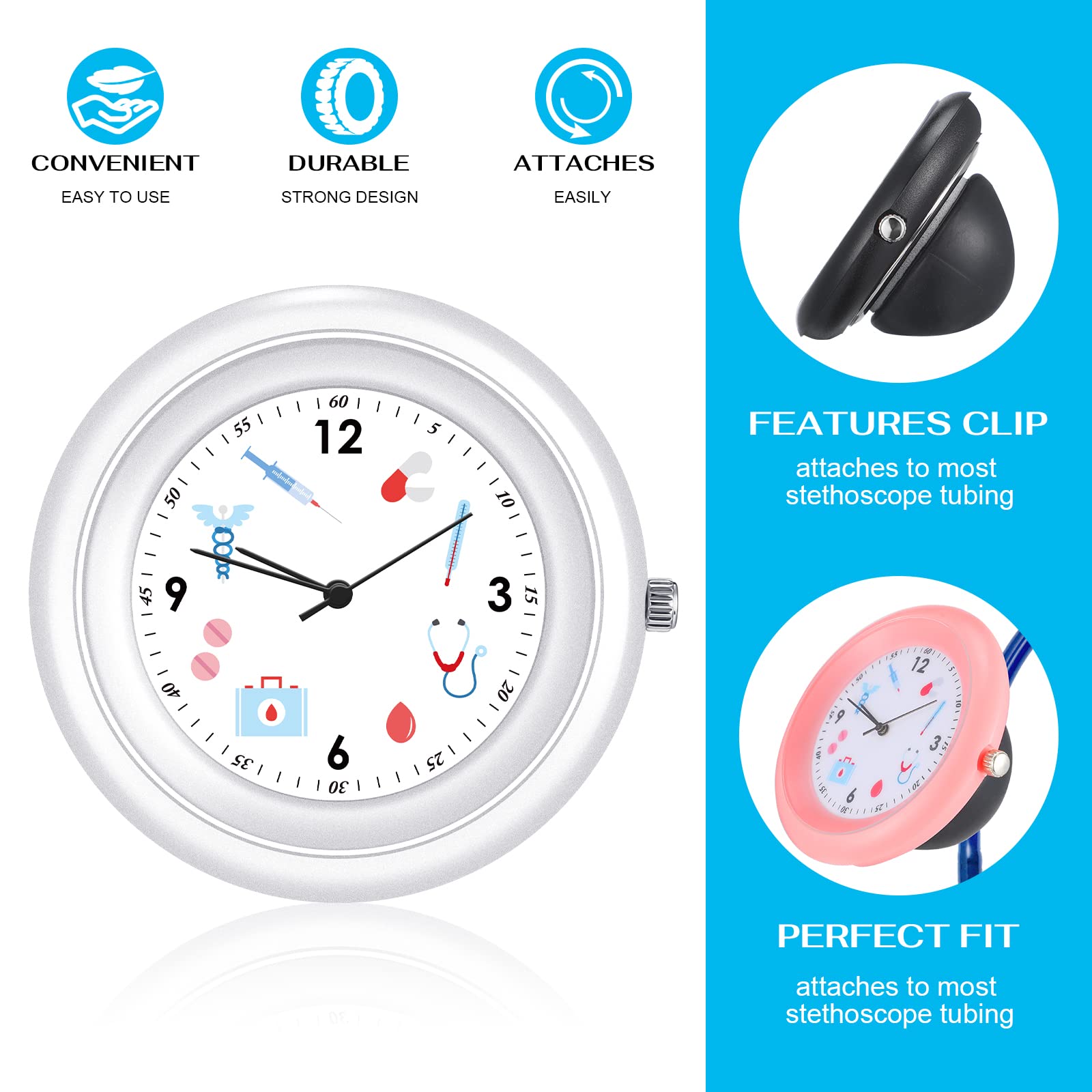 Janmercy 4 Pcs Stethoscope Watch with Medical Symbols for Doctor Clinic Staff Tunic Nurses Stethoscope Clock Watches Clip on Watch Lightweight Frame Nursing Stethoscope Accessories