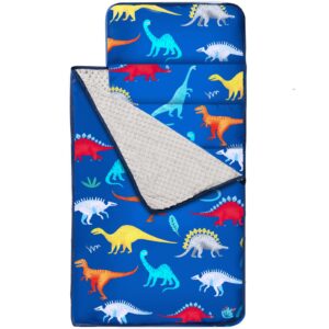 smttw nap mat with removable pillow & fleece blanket, extra long toddler nap mats for daycare-measures 55 x 23 x 2 inches, kids sleeping mat toddler sleeping bag,dinosaur