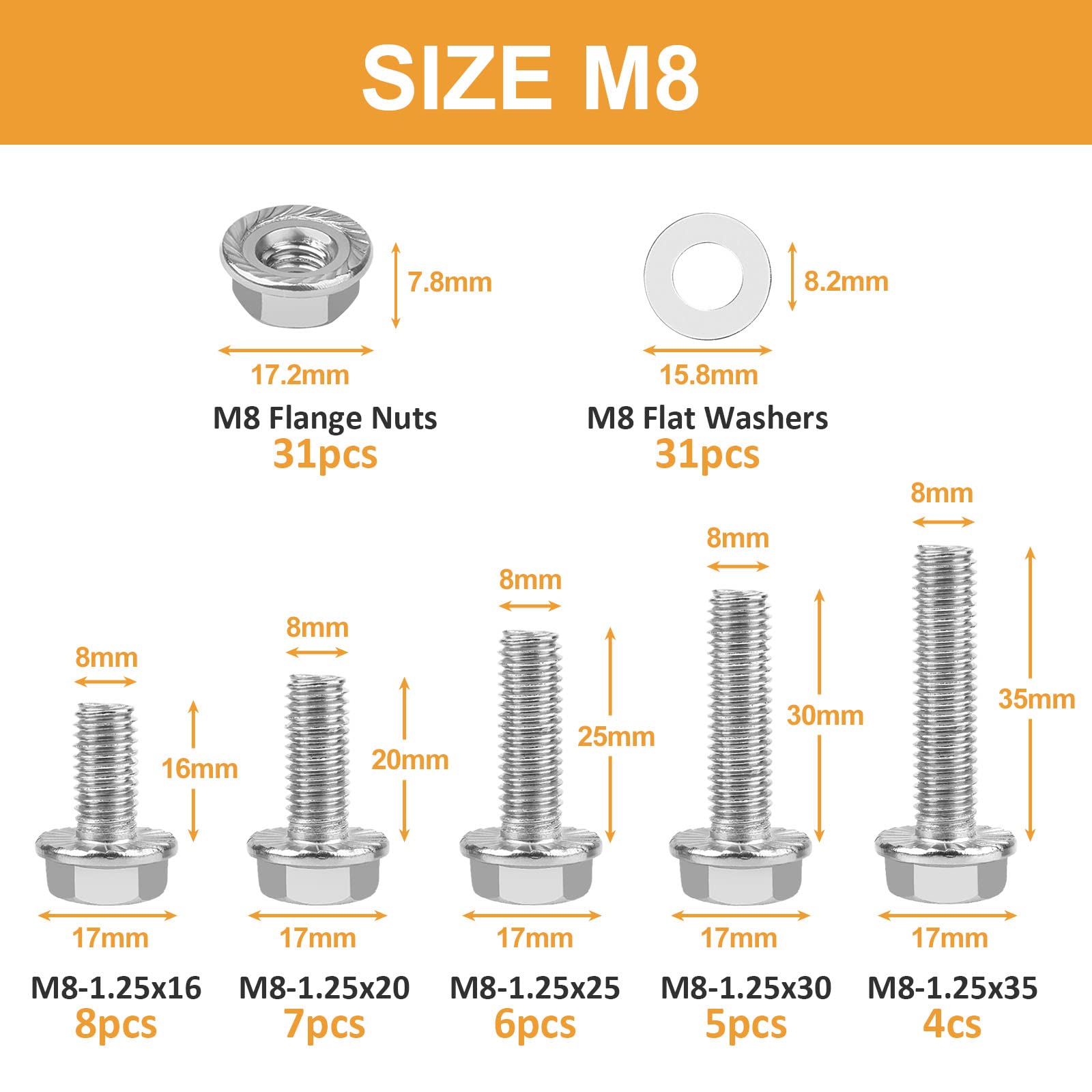 M8-1.25 x 16/20/25/30/35mm Flanged Hex Head Bolts, VIGURE 90PCS M8 Flange Hexagon Screws Serrated Flange Nuts Washers, Stainless Steel 18-8 (304), DIN 6921