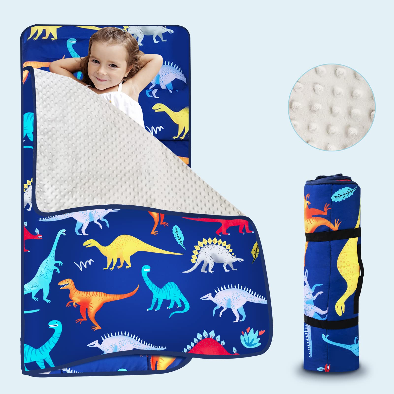 smttw Nap Mat with Removable Pillow & Fleece Blanket, Extra Long Toddler Nap Mats for Daycare-Measures 55 x 23 x 2 Inches, Kids Sleeping Mat Toddler Sleeping Bag,Dinosaur