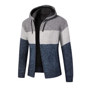 Maiyifu-GJ Men Long Sleeve Full Zip Knitted Hoodie Lightweight Patchwork Hooded Sweater Slim Fit Color Block Hoodies Cardigan (Blue,Medium)