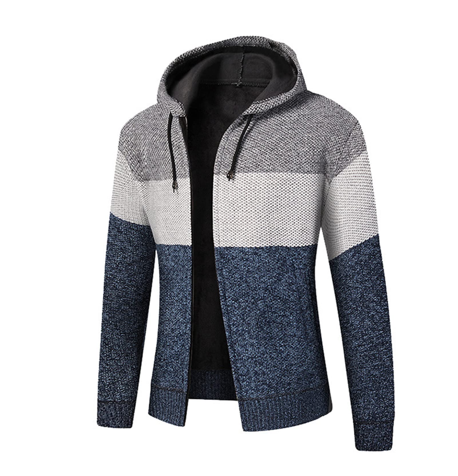 Maiyifu-GJ Men Long Sleeve Full Zip Knitted Hoodie Lightweight Patchwork Hooded Sweater Slim Fit Color Block Hoodies Cardigan (Blue,Medium)