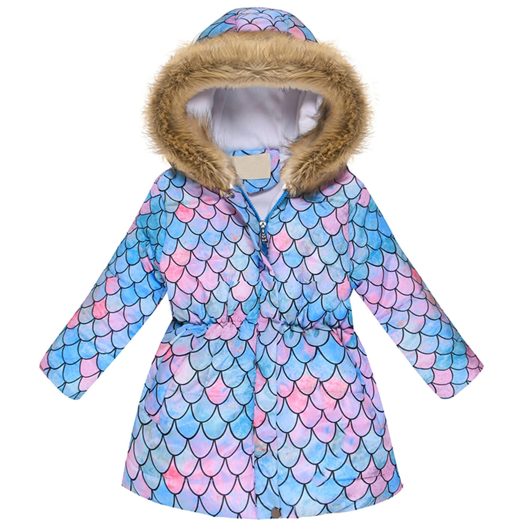 Miss Bei Girl's Coat Hooded Kids Toddler Winter Flower Print Parka Outwear Warm Cotton Coat Hooded Jacket Mermaid130CM