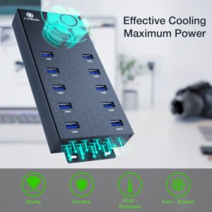 USB 3 0 Hub - 10 Ports Powered USB Hub - Charging & High-Speed Data Transfer USB Expander Hub - up to 5Gbps High-Speed USB Splitter - Aluminum Alloy Multiple USB Port Hub for Laptop Phone Tablet PC