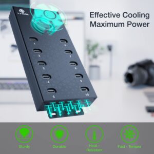 USB 2.0 Hub Type-C Multi Safety 10 Ports Powered, with AC Adapter, Aluminum USB Splitter with Cooling Fan - Type C for Laptops & PC, PC,Flash Drives, HDD, Hard Drive, Mouse, XPS, Xbox, Keyboard