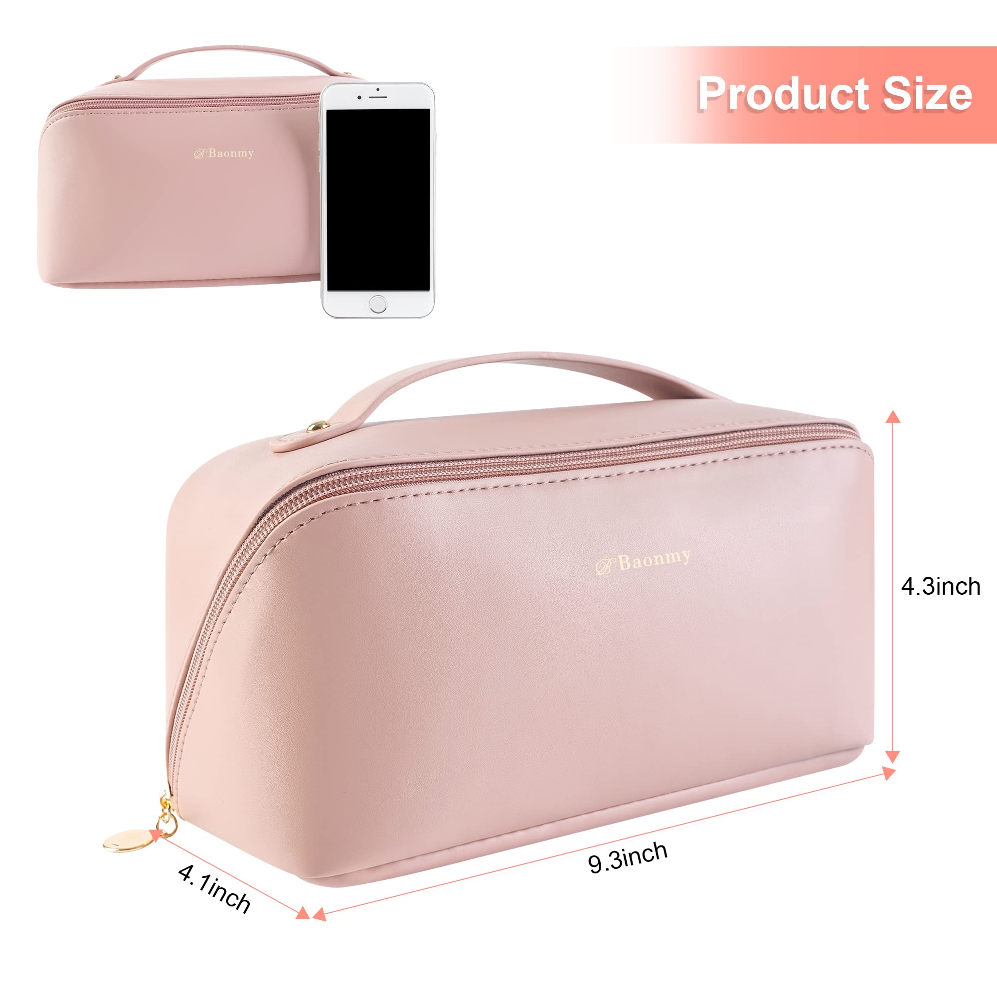 Baonmy Upgrade Large Capacity Travel Cosmetic Bag,Makeup Bag,Opens Flat Waterproof PU Leather Large Makeup Bag,Portable Makeup Organizer Bag with Dividers and Handle