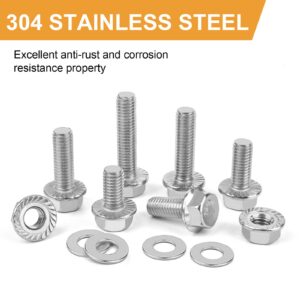 M6-1.0 x 12/16/20/25/30mm Flanged Hex Head Bolts, VIGURE 135PCS M6 Flange Hexagon Screws Serrated Flange Nuts Washers, Stainless Steel 18-8 (304), DIN 6921