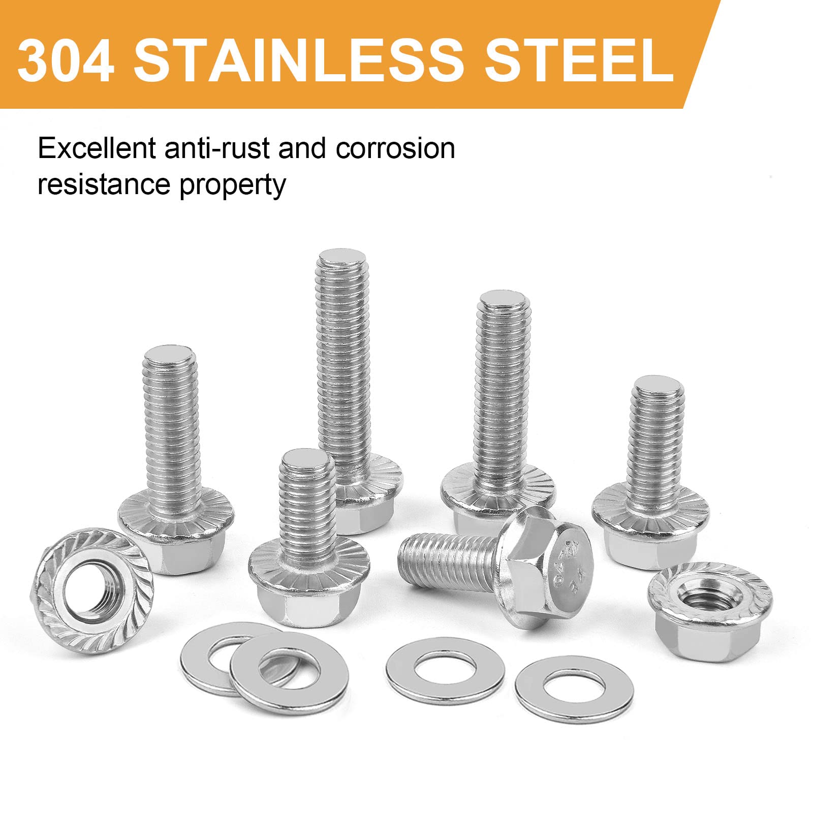 M6-1.0 x 12/16/20/25/30mm Flanged Hex Head Bolts, VIGURE 135PCS M6 Flange Hexagon Screws Serrated Flange Nuts Washers, Stainless Steel 18-8 (304), DIN 6921