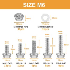 M6-1.0 x 12/16/20/25/30mm Flanged Hex Head Bolts, VIGURE 135PCS M6 Flange Hexagon Screws Serrated Flange Nuts Washers, Stainless Steel 18-8 (304), DIN 6921