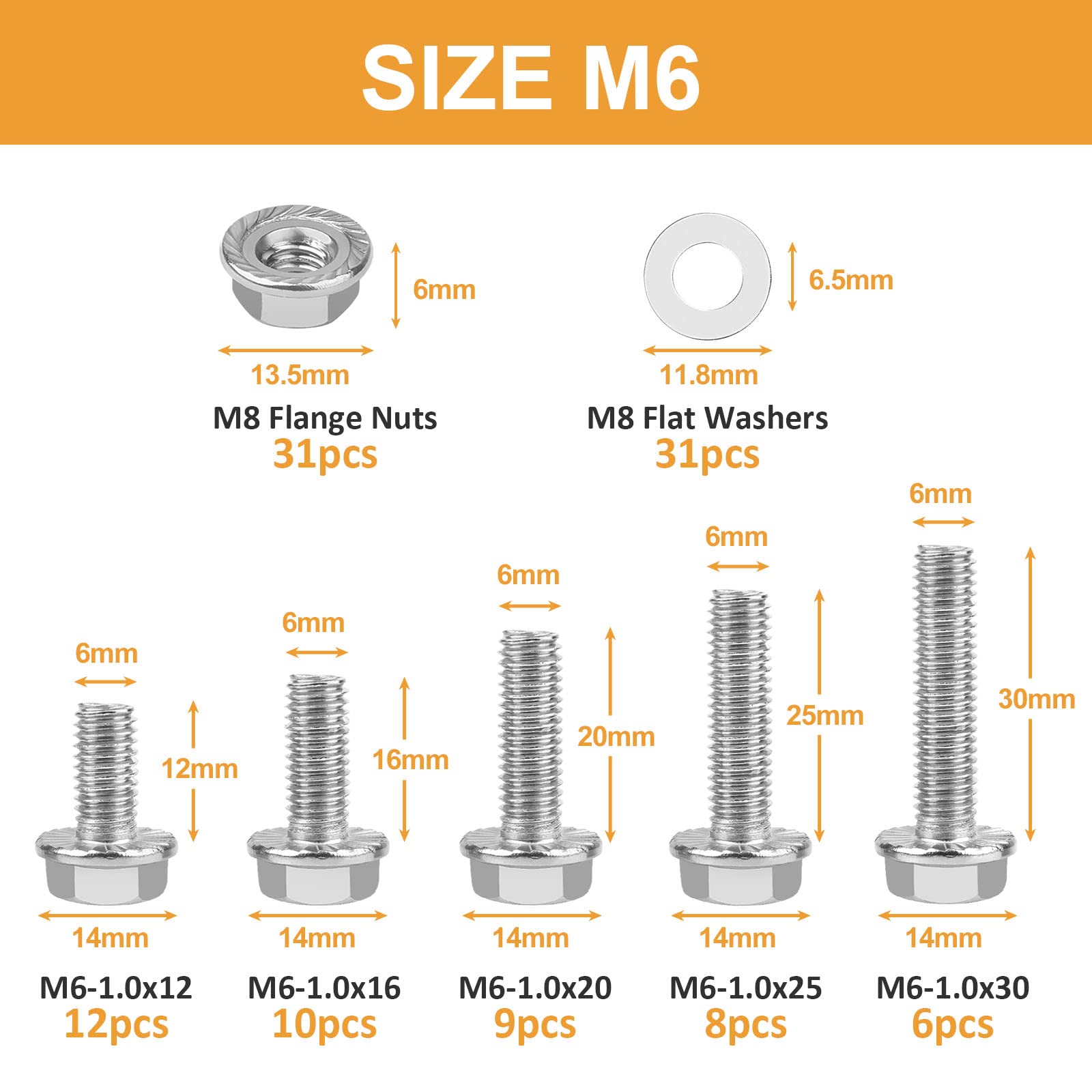 M6-1.0 x 12/16/20/25/30mm Flanged Hex Head Bolts, VIGURE 135PCS M6 Flange Hexagon Screws Serrated Flange Nuts Washers, Stainless Steel 18-8 (304), DIN 6921