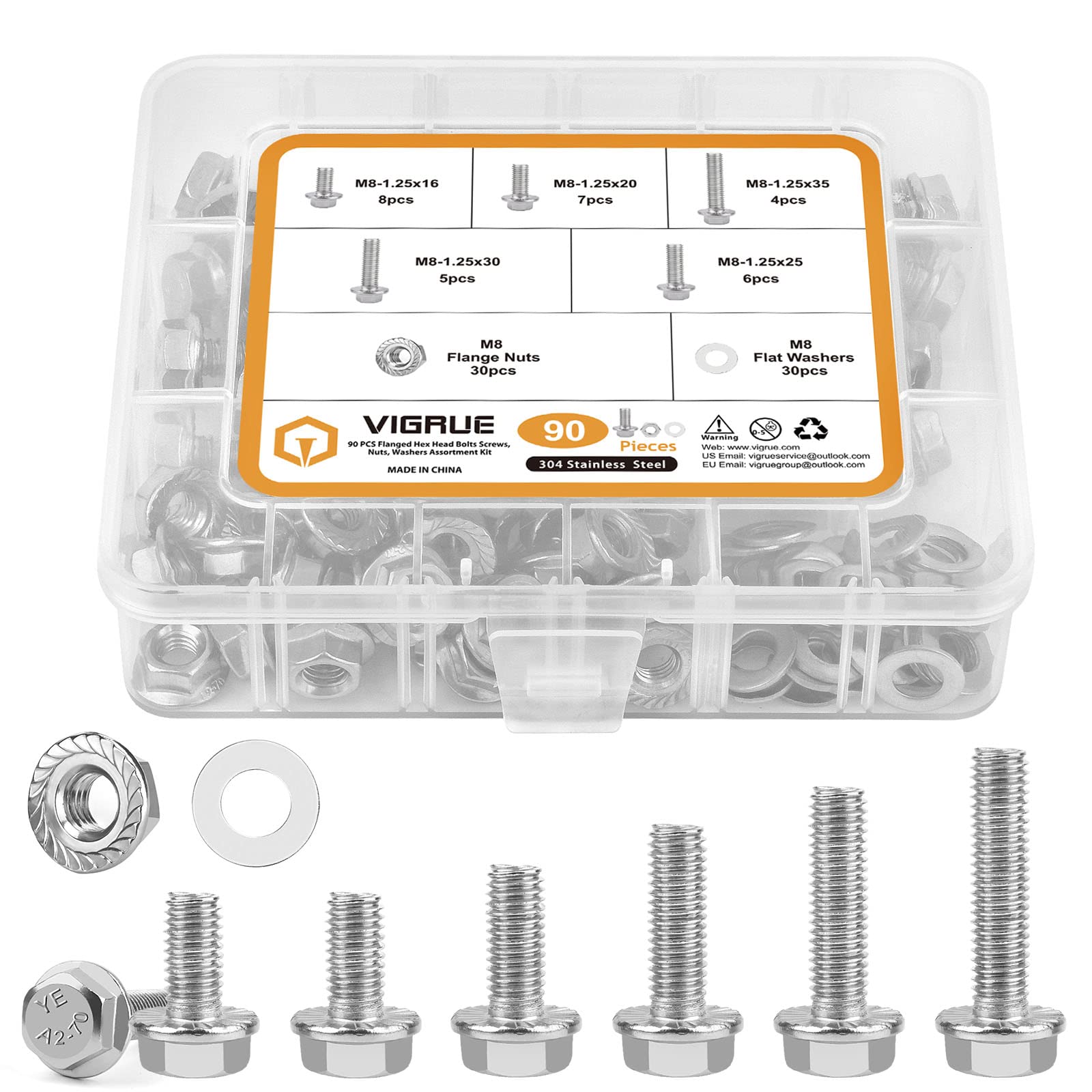 M8-1.25 x 16/20/25/30/35mm Flanged Hex Head Bolts, VIGURE 90PCS M8 Flange Hexagon Screws Serrated Flange Nuts Washers, Stainless Steel 18-8 (304), DIN 6921